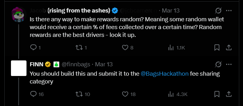 Screenshot of an X conversation: a user asks whether rewards can be sent to a random wallet from a share of collected fees, and FinnBags replies that it should be built and submitted to the BagsHackathon fee sharing category.
